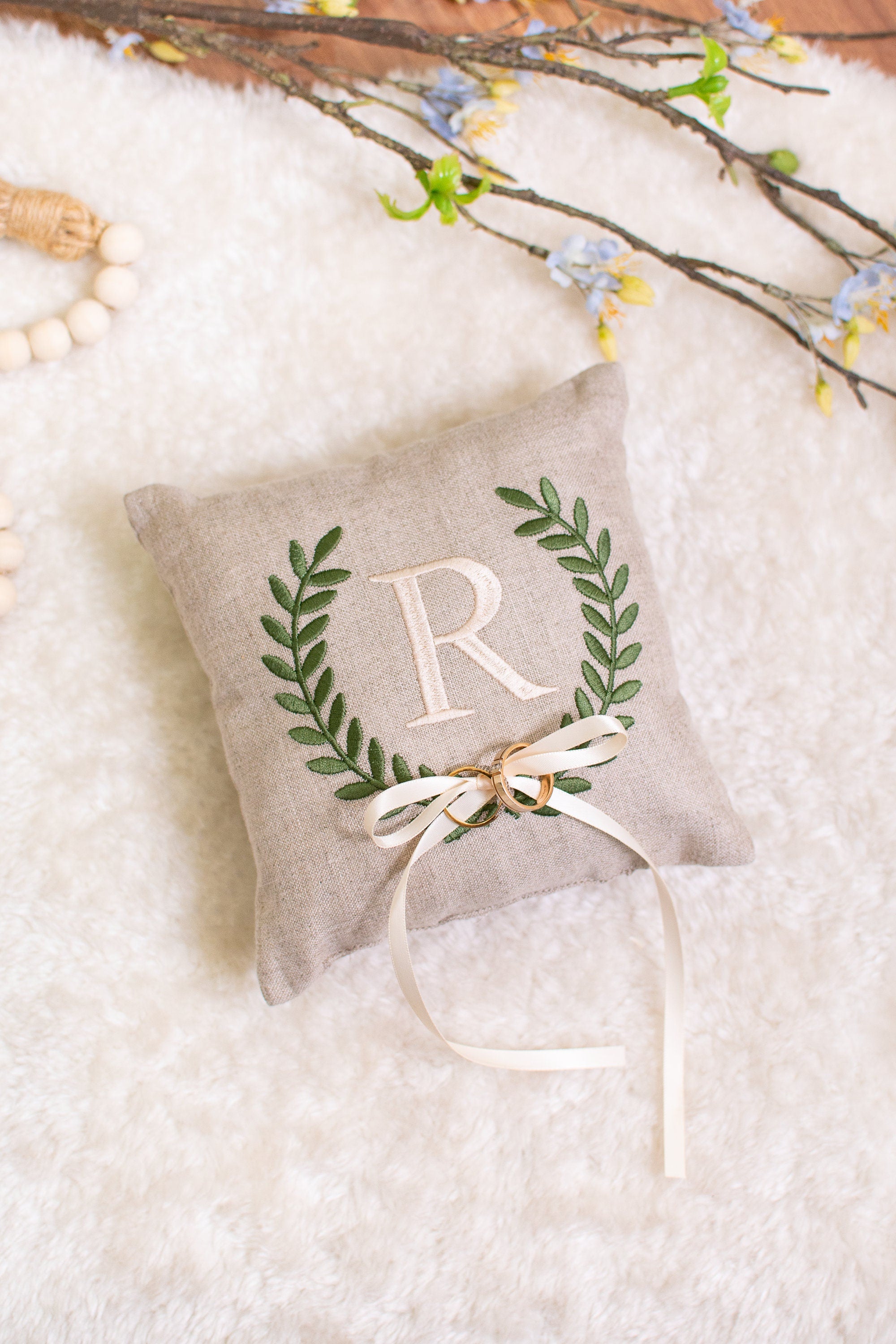 Custom Embroidered Linen Ring Bearer Pillow: Monogrammed Wedding Keepsake