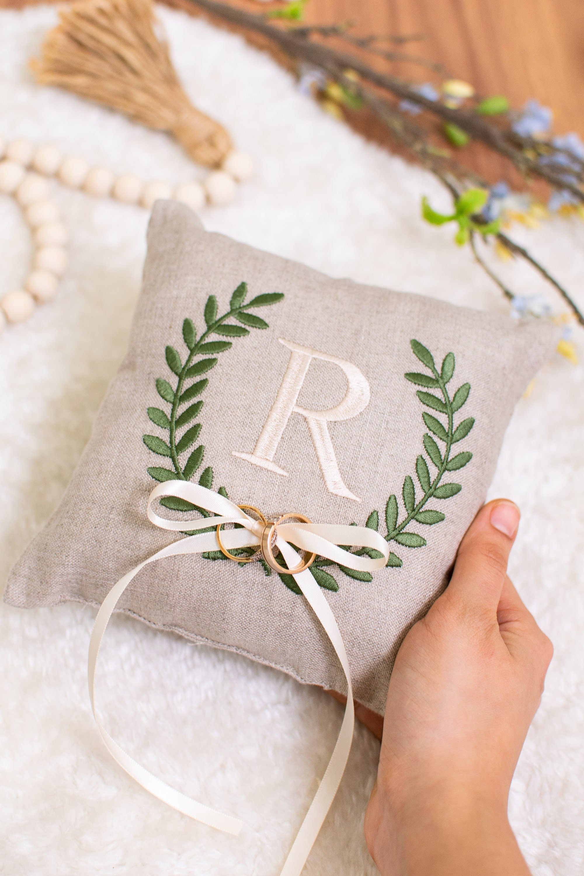 Custom Embroidered Linen Ring Bearer Pillow: Monogrammed Wedding Keepsake