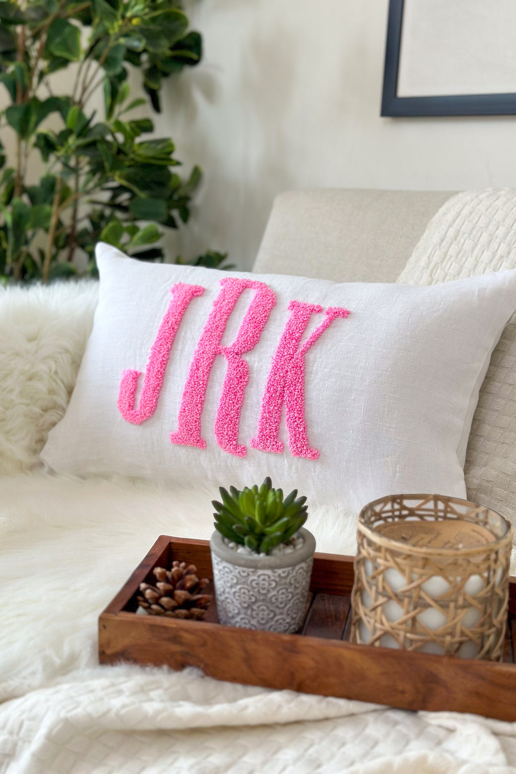 Monogram Pillow Cover with Punch Needle Embroidery, Personalized Wedding Gift for Couple, Custom Monogram Gift, Initial Pillow