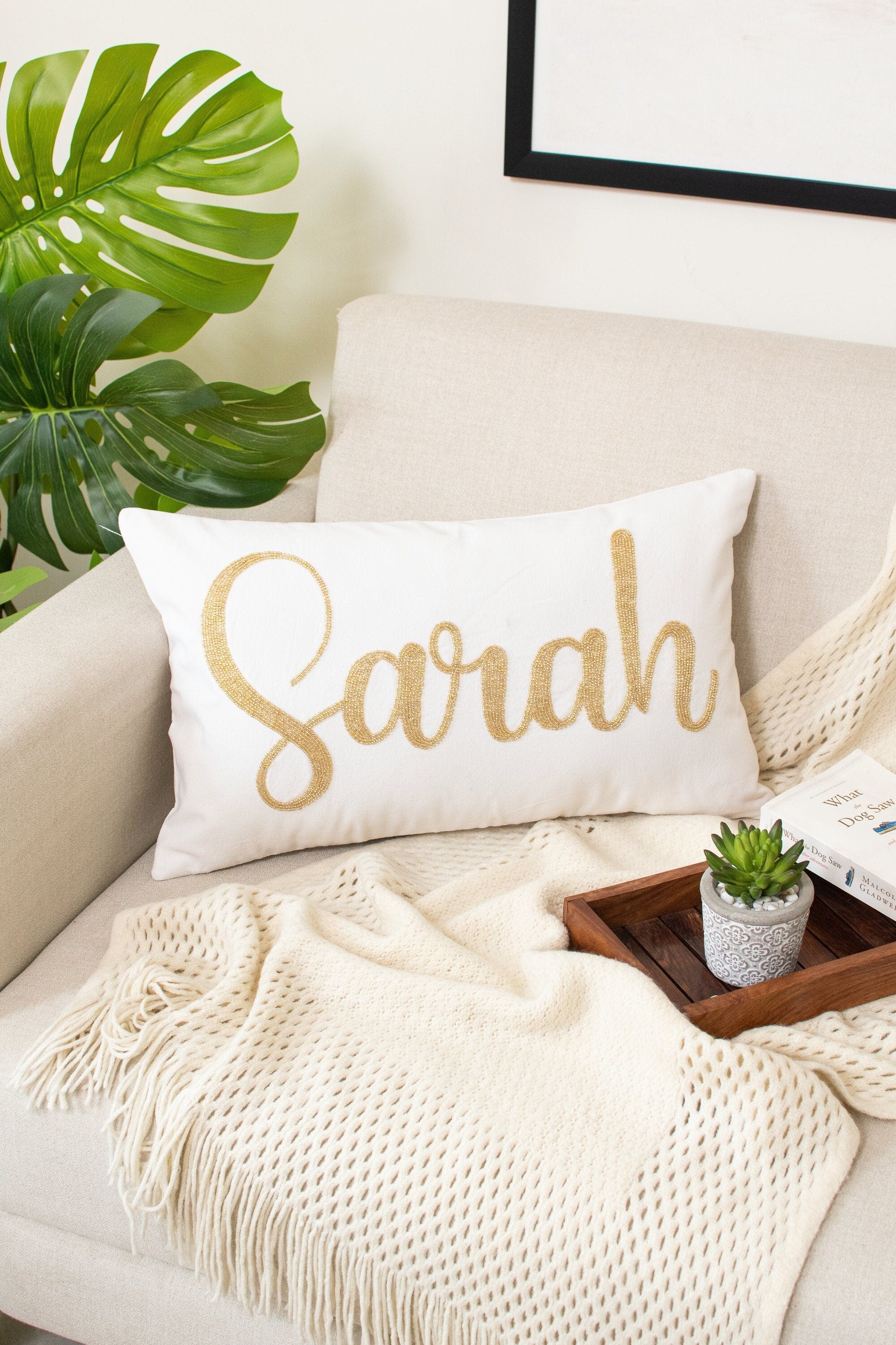 Personalized Name Pillow Cover, Hand Beaded Custom Name Pillow Cover, Personalized Pillow, Girl Birthday Gift