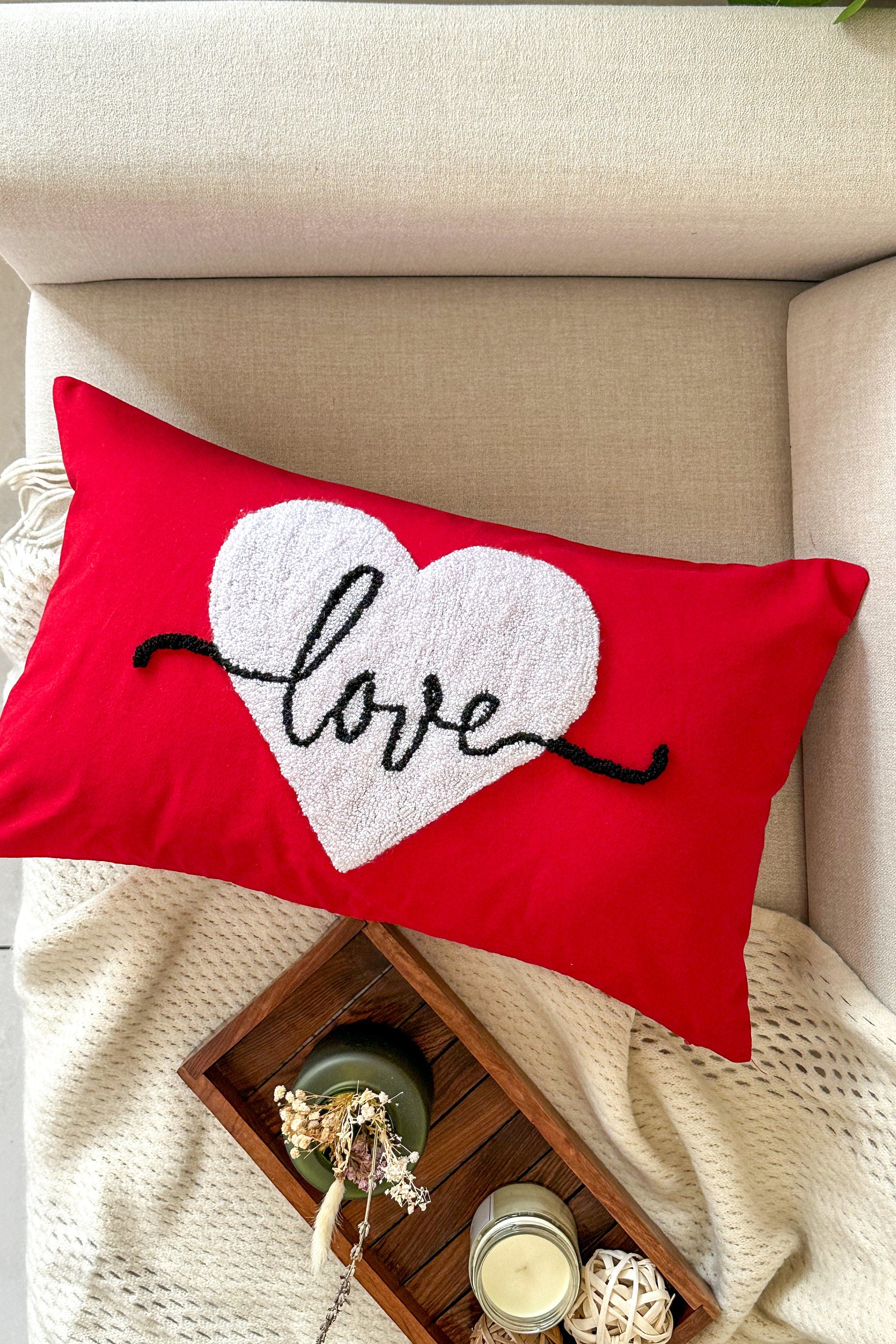 Love Heart Pillow Cover for Anniversary, Valentines Day, Punch Needle Pillow Cover, Gift for Her, Wedding Gift, Couple's Gift