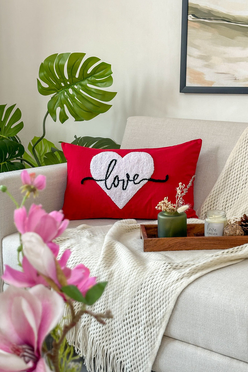 Love Heart Pillow Cover for Anniversary, Valentines Day, Punch Needle Pillow Cover, Gift for Her, Wedding Gift, Couple's Gift