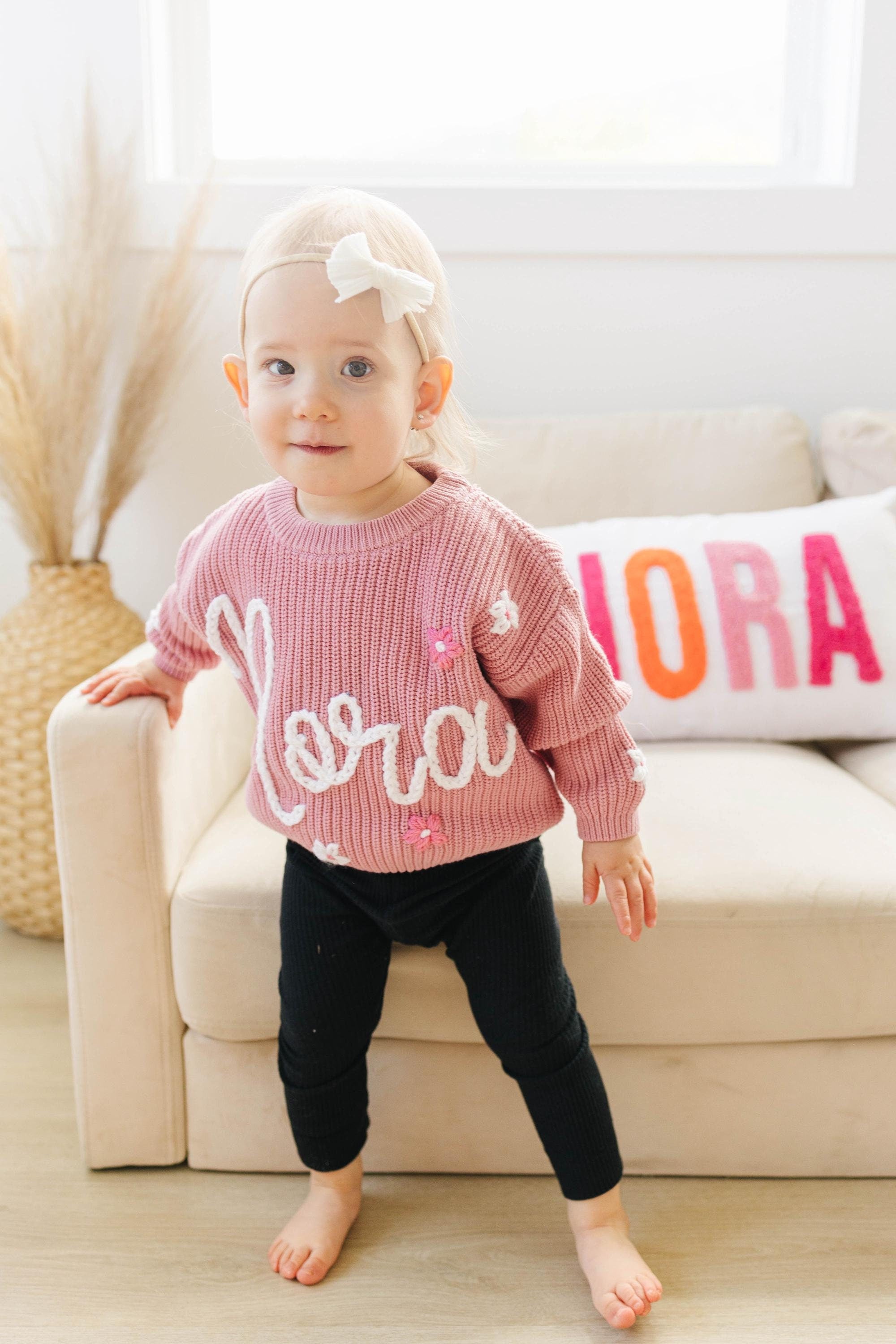 Personalized Hand embroidered Name Baby Sweater,Custom Baby Name Sweater,Pink Baby Girls Sweater With Name,Birthday Gift For Baby Girls Boy