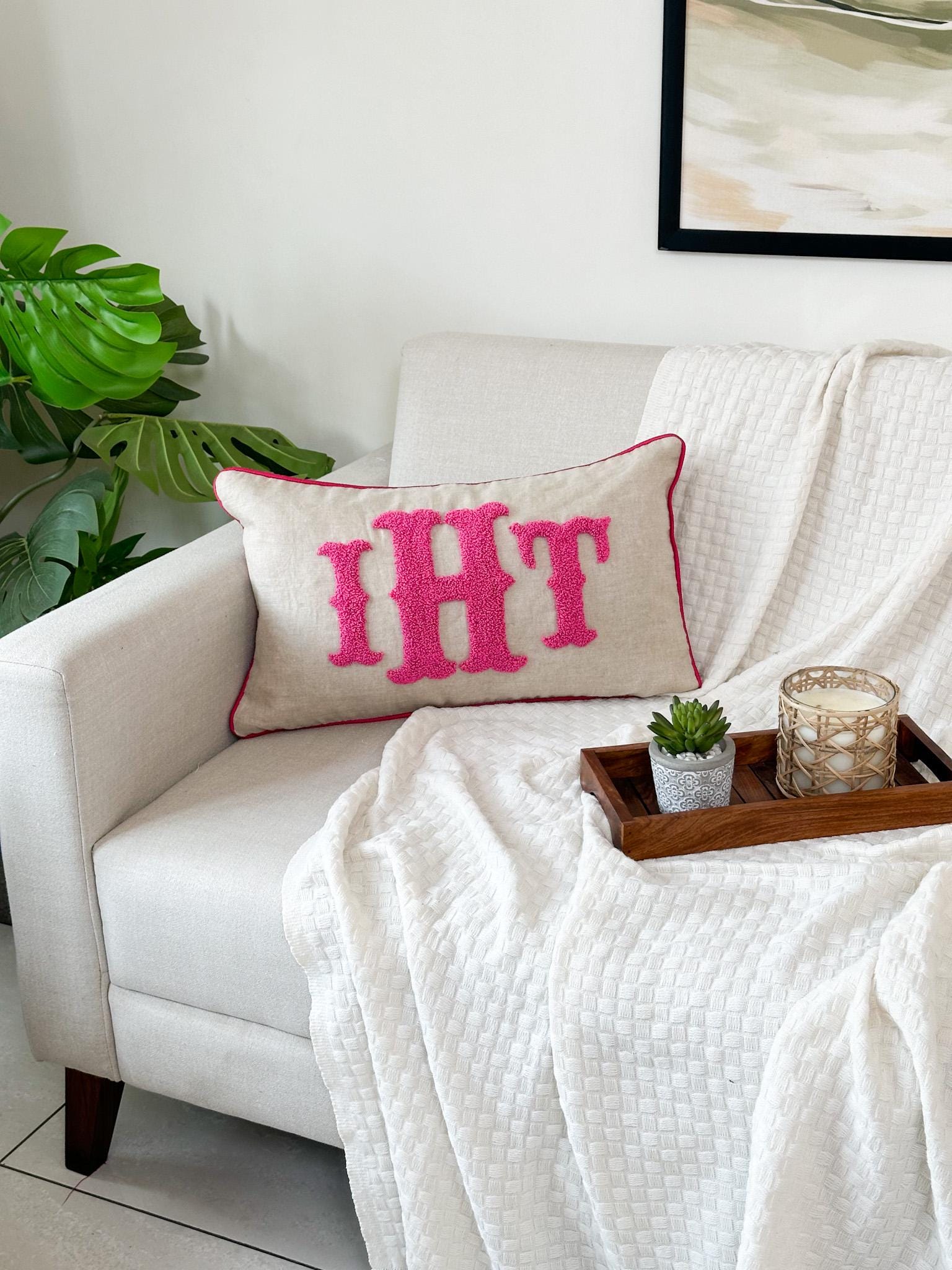 Personalized Monogram Pillow Cover: Punch Needle Embroidered Linen, Kid/Baby Room Decor