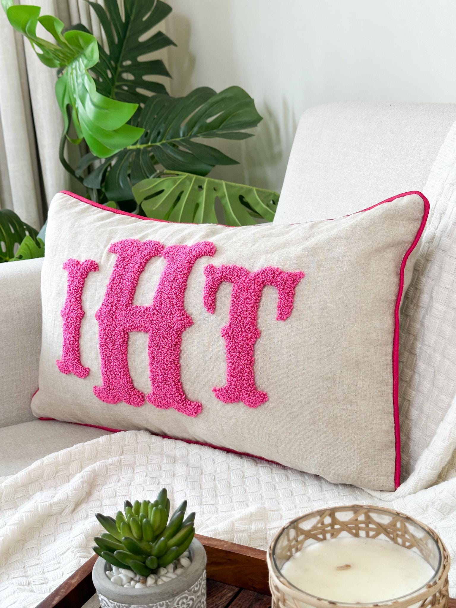 Personalized Monogram Pillow Cover: Punch Needle Embroidered Linen, Kid/Baby Room Decor
