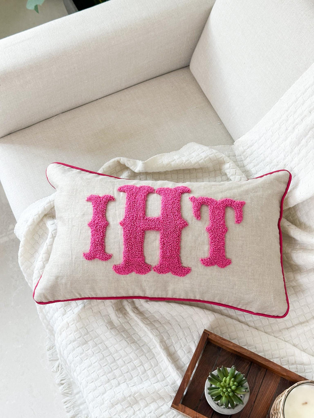 Personalized Monogram Pillow Cover: Punch Needle Embroidered Linen, Kid/Baby Room Decor